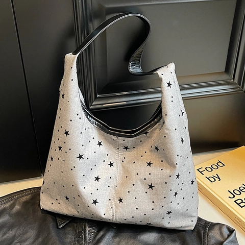 Grote Capaciteit Dames Canvas Hobo Schoudertas Met PU Leren Riem Ster Hart Patroon Print Ritssluiting Woon-Werkverkeer Tote