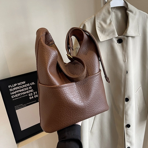 Borsa Hobo Pelle PU Grana Litchi Tracolla Regolabile Tasche Anteriori Borsa Tracolla Minimalista Urbana Donna