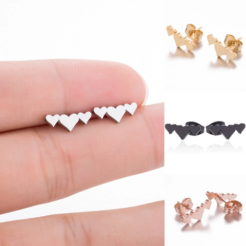 Triple Linked Heart Stud Earrings Stainless Steel High Polish Chic Graduated Heart Jewelry For Women Girls Romantic