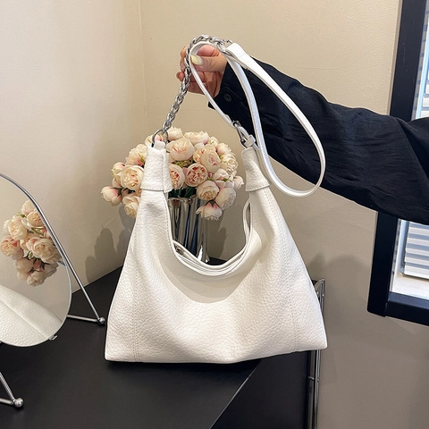 Große Hobo Schultertasche Für Damen Mit Kieselmaserung PU Leder Shopper Silberne Kette Retro Minimalistische Unterachseltasche