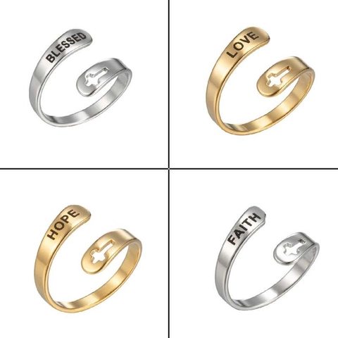 Anello Regolabile Aperto In Acciaio Inossidabile Con Croce Traforata Lettere Faith Hope Love Blessed Gioielli Religiosi