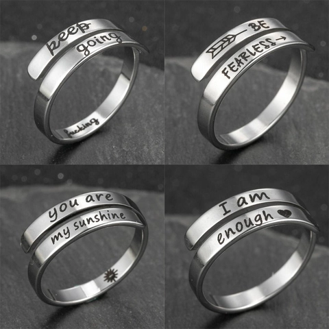 Stainless Steel Inspirational Rings Women Open Adjustable Wrap Ring Engraved I Am Enough Keep Going Faith Hope Cross Jewelry