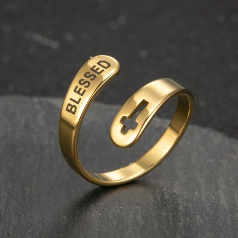 Edelstahl Kreuz Verstellbarer Offener Ring Blessed Hope Faith Love Inspirierende Buchstaben Religiöser Schmuck Damen