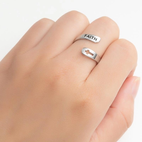 Anello Regolabile Aperto In Acciaio Inossidabile Con Croce Traforata Lettere Faith Hope Love Blessed Gioielli Religiosi