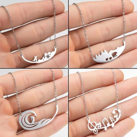 Collar De Acero Inoxidable Con Diseño De Esquí Surf Nota Musical Oso De Bosque Joyería Minimalista Mujer