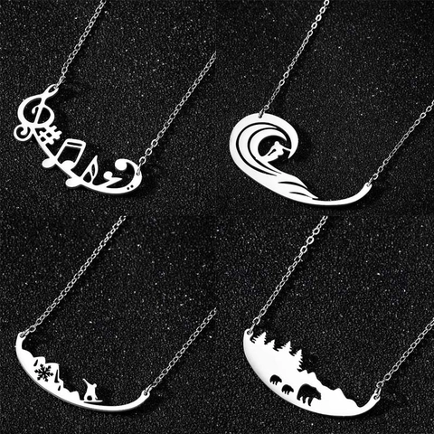 Collar De Acero Inoxidable Con Diseño De Esquí Surf Nota Musical Oso De Bosque Joyería Minimalista Mujer