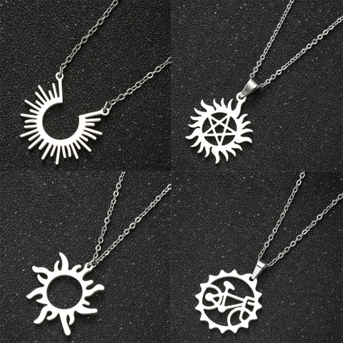 Collana Con Pendente In Acciaio Inossidabile Sole Fiamma Pentagramma Ingranaggio Bici Gioielli Geometrici Per Donna Boho
