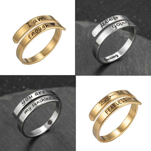 Inspirational Quote Open Ring Stainless Steel Adjustable Double Layer Engraved Lettering Retro Minimalist Jewelry For Women