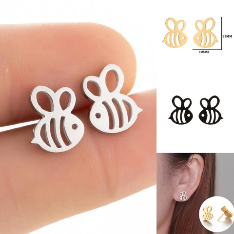 Stainless Steel Bee Stud Earrings Hollow Out Animal Shape Minimalist Tiny Cartilage Jewelry For Women