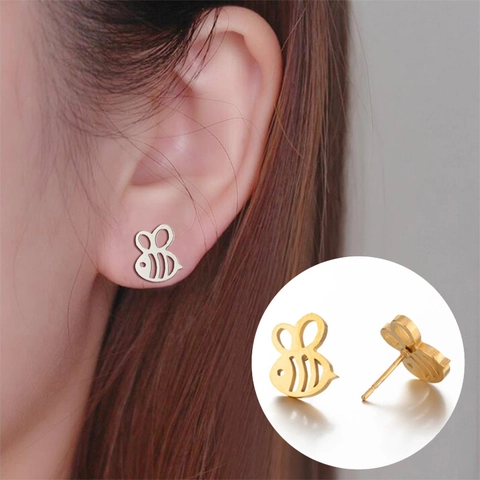 Stainless Steel Bee Stud Earrings Hollow Out Animal Shape Minimalist Tiny Cartilage Jewelry For Women