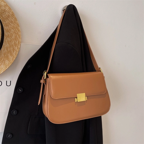 Vintage PU Leather Crossbody Bag Minimalist Square Gold Metal Buckle Flap Shoulder Bag For Women Trendy Versatile Retro