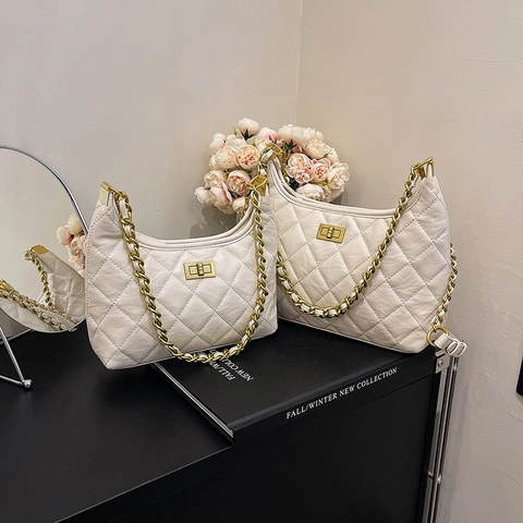 Borsa Hobo Trapuntata Da Donna In Pelle PU Catena Dorata Chiusura A Girello Borsa A Tracolla Versatile Elegante