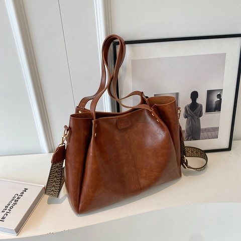 Sac Fourre-tout Vintage Grande Capacité En Cuir PU Sac À Main Pour Femmes Avec Large Bandoulière Tissée Amovible
