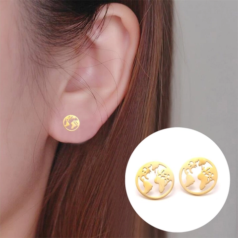 Wereldkaart Holle Stud Oorbellen Roestvrij Staal Geometrisch Rond Aarde Reis Sieraden Voor Vrouwen Minimalistische Persoonlijkheid