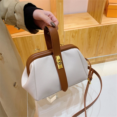 Borsa Medico Vintage Pelle PU Grana Litchi Manico Tracolla Rimovibile Borsa A Tracolla Retro Elegante Per Donna