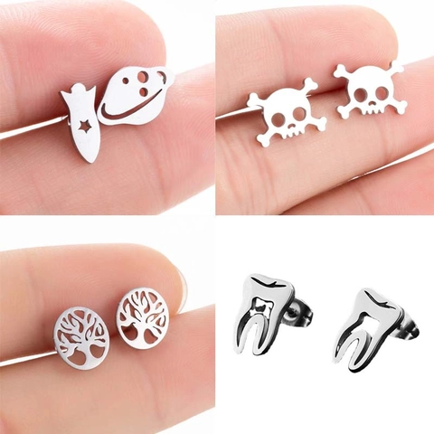 Stainless Steel Stud Earrings Asymmetric Rocket Planet Hollow Tooth Skull Tree Of Life Gothic Punk Fashion Jewelry