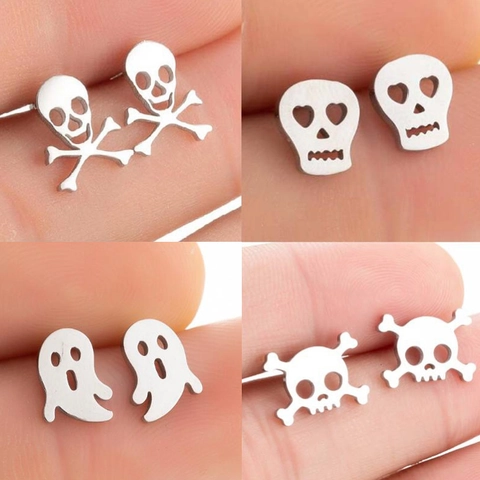 Gothic Skull Ghost Stud Earrings Stainless Steel Hollow Punk Halloween Jewelry Personalized Fashion Accessories