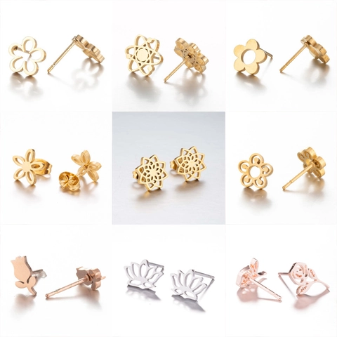 Stainless Steel Hollow Out Flower Stud Earrings Rose Lotus Mandala Atomic Symbol Minimalist Geometric Jewelry For Women