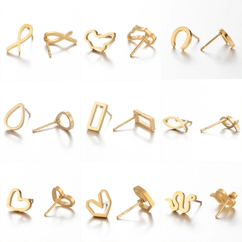 Minimalist Stainless Steel Stud Earrings Geometric Heart Snake Fish Horseshoe Waterdrop Ribbon Punk Jewelry For Women
