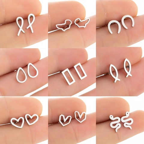 Minimalist Stainless Steel Stud Earrings Geometric Heart Snake Fish Horseshoe Waterdrop Ribbon Punk Jewelry For Women