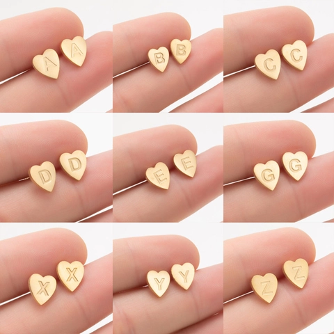 Heart Stud Earrings Stainless Steel Alphabet Initial A-Z Engraved Geometric Minimalist Simple Jewelry For Women