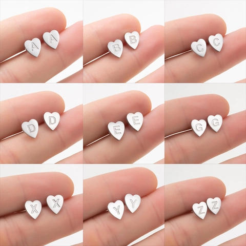 Heart Stud Earrings Stainless Steel Alphabet Initial A-Z Engraved Geometric Minimalist Simple Jewelry For Women