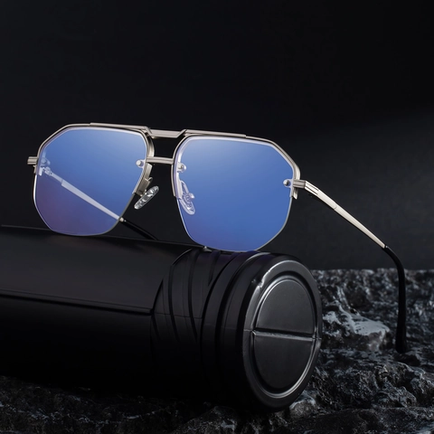 Fashion Half Frame Metal Sunglasses Men Retro Double Bridge UV400 Protection PC Lens Sunglasses Outdoor Driving Eyewear