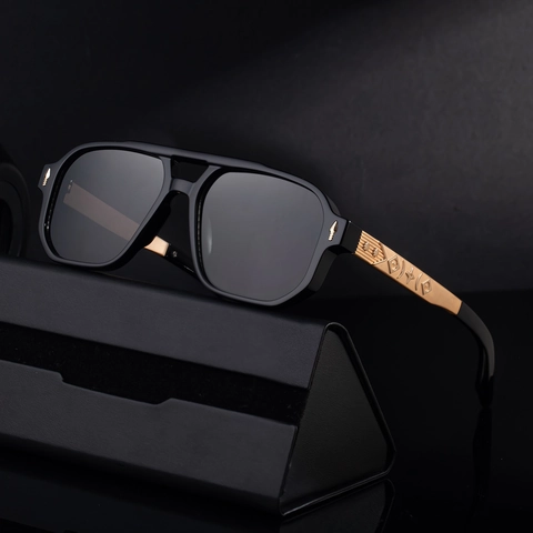Square Polarized Sunglasses Men Retro UV400 TAC Lenses PC Frame Geometric Embossed Metal Temples Outdoor Driving Eyewear