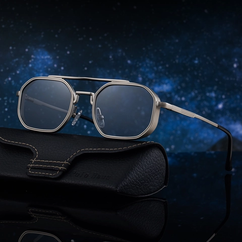 Men Vintage Square Metal Sunglasses Double Bridge UV400 Protection PC Lens Fashion Punk Irregular Geometric Frame Sun Glasses
