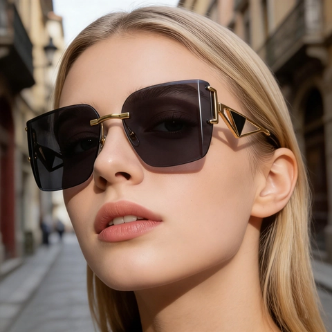 Fashion Frameless Square Oversized Sunglasses Metal Temple Triangle Geometric UV400 Protection For Women