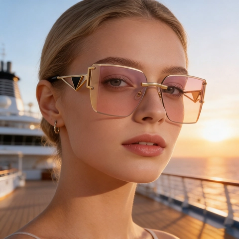 Fashion Women Rimless Square Sunglasses Oversized Gradient Lens Metal Temple Triangle Design UV400 Sun Protection Eyewear