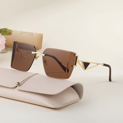 Fashion Women Rimless Square Sunglasses Oversized Gradient Lens Metal Temple Triangle Design UV400 Sun Protection Eyewear