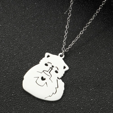 Collana Con Ciondolo A Forma Di Gatto Dei Cartoni Animati Che Beve Latte In Acciaio Inossidabile Design A Cuore Cavo Per Donne