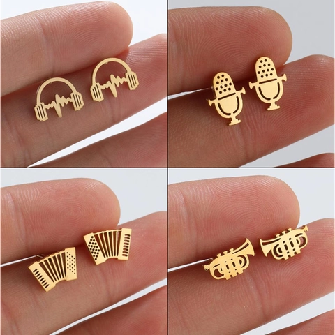 Music Theme Stud Earrings Stainless Steel Microphone Headphone Accordion Trumpet Musical Note Shape Retro Jewelry For Women