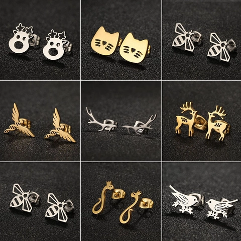 Mini Stainless Steel Stud Earrings Cartoon Animal Cat Deer Bee Bird Snake Crown Shape Tiny Simple Jewelry For Women