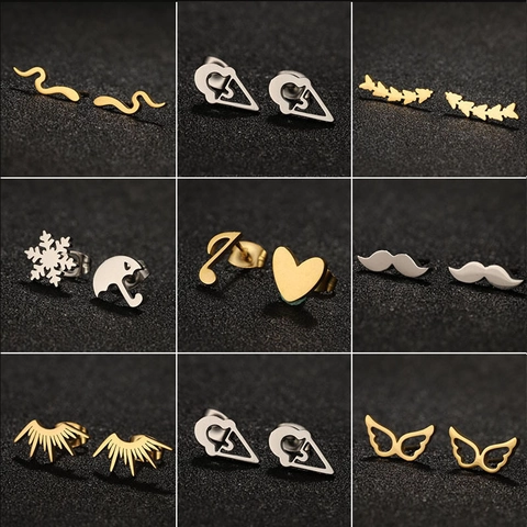 Boucles D Oreilles Asymétriques En Acier Inoxydable Cœur Ailes D Ange Flocon De Neige Note De Musique Bijoux Tendance