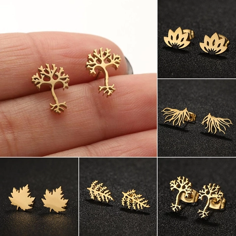 Tree Of Life Maple Leaf Lotus Stainless Steel Stud Earrings For Women Nature Inspired Minimalist Geometric Jewelry