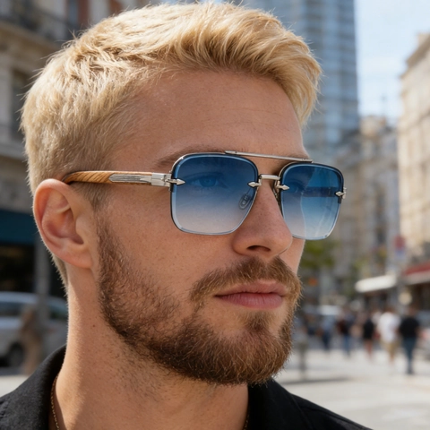 Lunettes De Soleil Carrées Sans Monture Pour Hommes Pont Double En Métal Branches Grain De Bois UV400 Mode