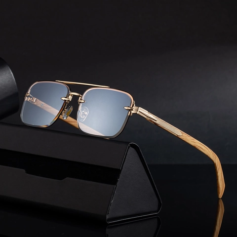Lunettes De Soleil Carrées Sans Monture Pour Hommes Pont Double En Métal Branches Grain De Bois UV400 Mode