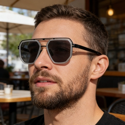 Lunettes de Soleil Polarisées Carrées Modernes Hommes Branches Acier Plastique Double Pont Style Industriel UV400