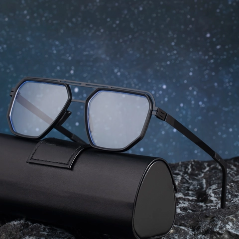 Lunettes de Soleil Polarisées Carrées Modernes Hommes Branches Acier Plastique Double Pont Style Industriel UV400
