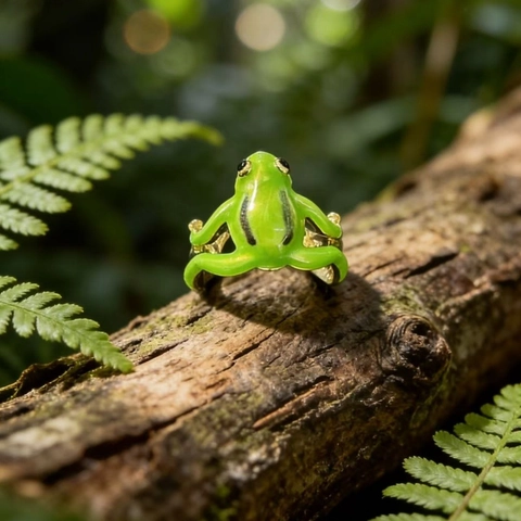 Frog Embrace Ring Green Enamel Gold Plated Copper Adjustable Open Band Animal Statement Jewelry For Women