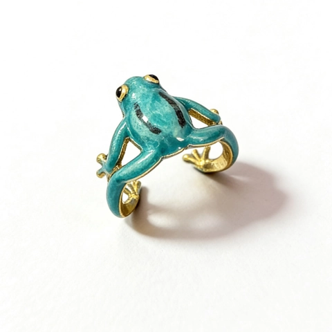 Frog Embrace Ring Green Enamel Gold Plated Copper Adjustable Open Band Animal Statement Jewelry For Women