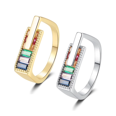 Geometric Rectangle Ring Copper Colorful Rainbow Cubic Zirconia Adjustable Opening Minimalist Fashion Jewelry For Women