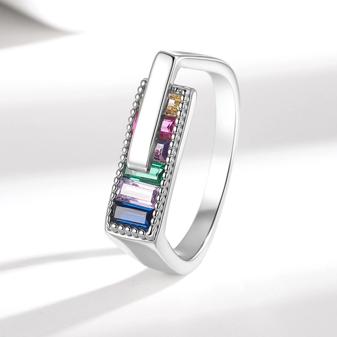 Geometric Rectangle Ring Copper Colorful Rainbow Cubic Zirconia Adjustable Opening Minimalist Fashion Jewelry For Women