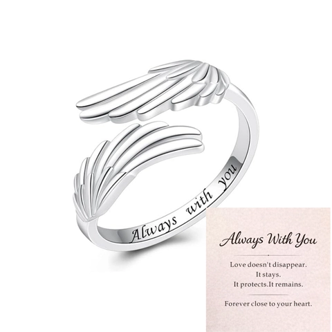 Angel Wing Open Ring Copper Zircon Adjustable Feather Band Engraved Always With You Jewelry Gift Women Men