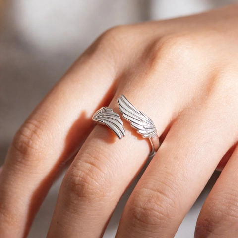 Angel Wing Open Ring Copper Zircon Adjustable Feather Band Engraved Always With You Jewelry Gift Women Men