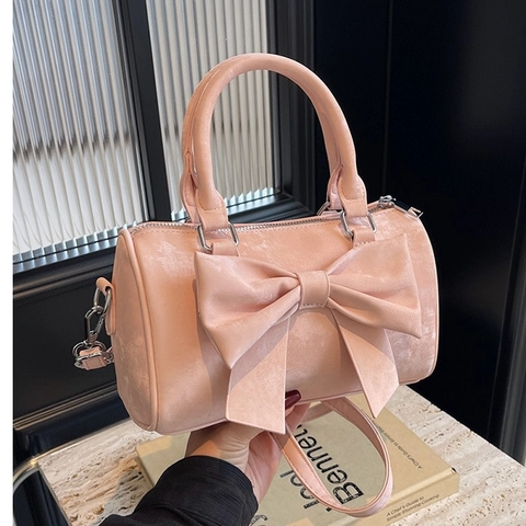 Sac Bandoulière Cylindre Femme Cuir PU Décor Grand Nœud Sac À Main Doux Chic Boston Bag Poignée Bandoulière Amovible