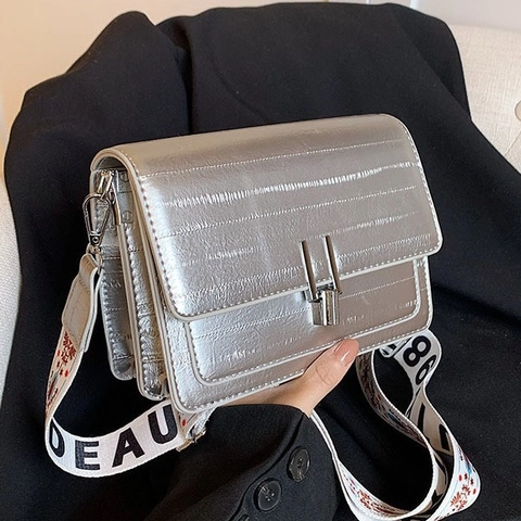 Retro Square Crossbody Bag For Women PU Leather Flip Metal Lock Wide Embroidered Ethnic Strap Shoulder Bag