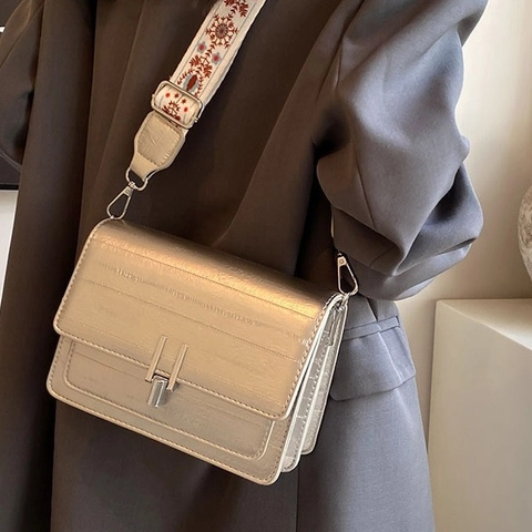Retro Square Crossbody Bag For Women PU Leather Flip Metal Lock Wide Embroidered Ethnic Strap Shoulder Bag